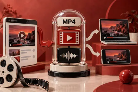 Прозрачный контейнер MP4 показывает отдельные видеодорожку, звук и совместимый экран проигрывателя.