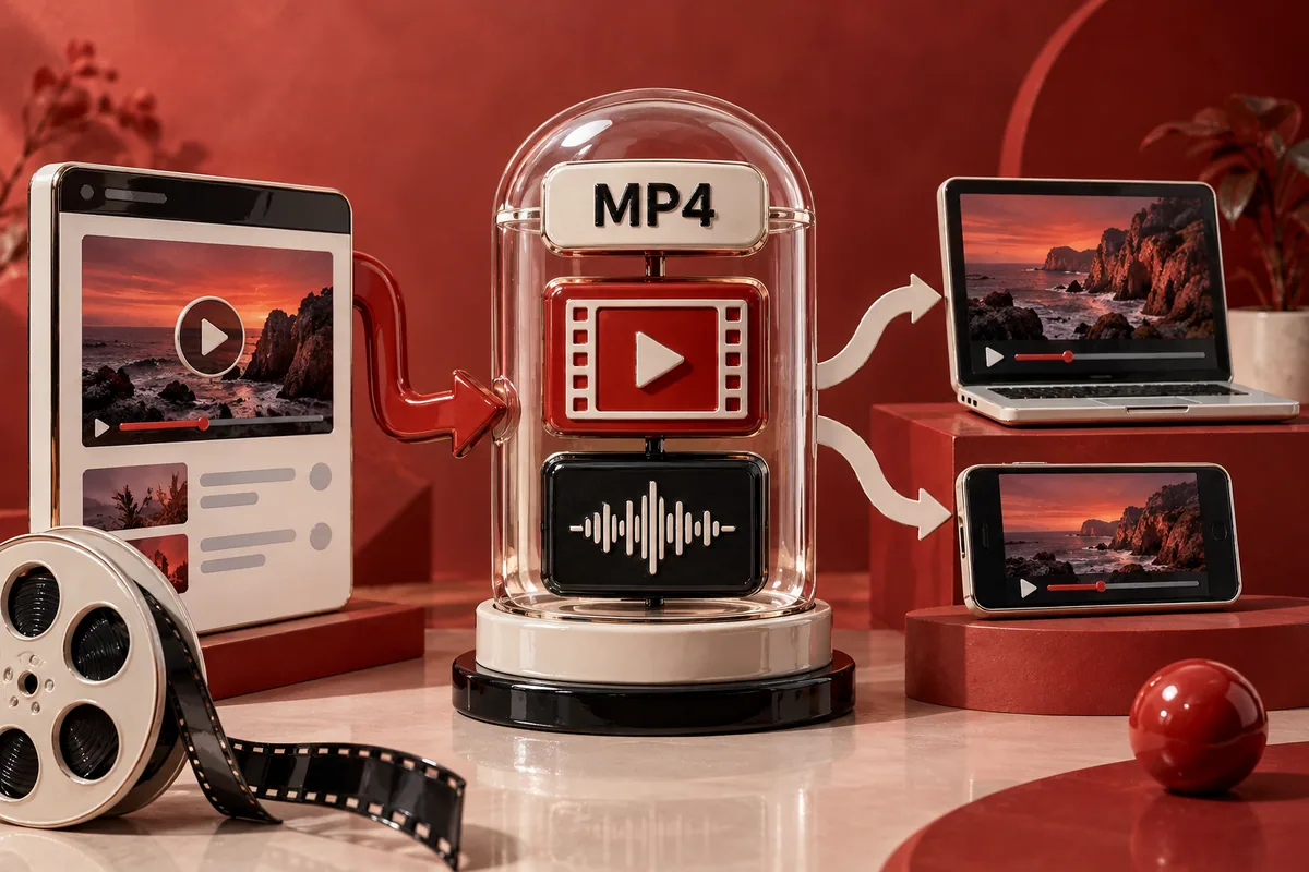Прозрачный контейнер MP4 показывает отдельные видеодорожку, звук и совместимый экран проигрывателя.