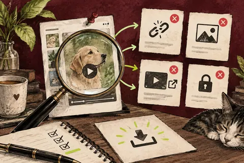 Пять карточек диагностики Pinterest выделяют ссылку, тип публикации, внешний источник, доступность и готовый файл.