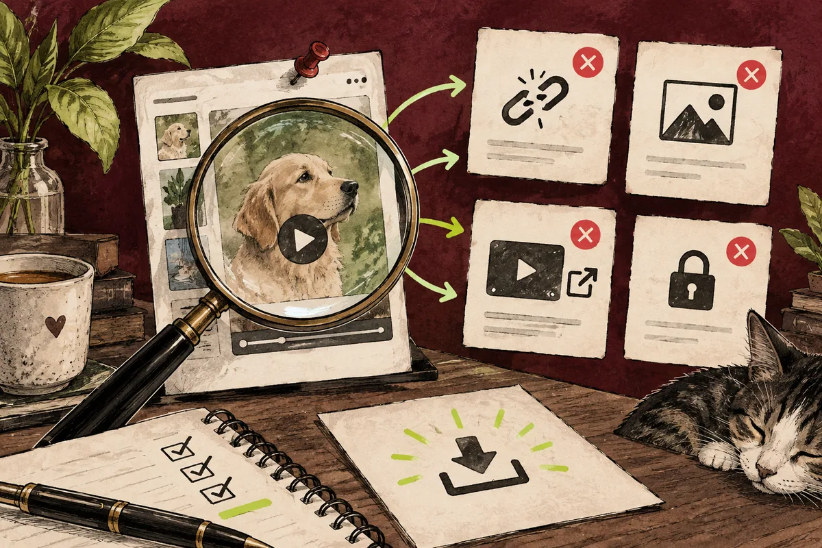 Пять карточек диагностики Pinterest выделяют ссылку, тип публикации, внешний источник, доступность и готовый файл.