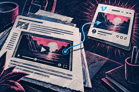 Встроенный плеер Vimeo выделяется из страницы сайта и соединяется с самостоятельной исходной публикацией.