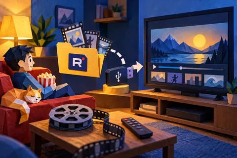 Готовый ролик Rutube проходит проверку параметров, сохраняется на USB и воспроизводится на телевизоре.