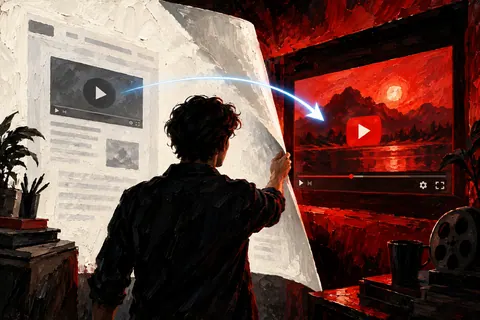 YouTube-плеер выделяется из страницы сайта и проходит маршрут к индивидуальной ссылке и локальному файлу.