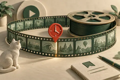 Временная закладка указывает внутрь длинной шкалы YouTube, а скачанный файл сохраняет весь ролик.
