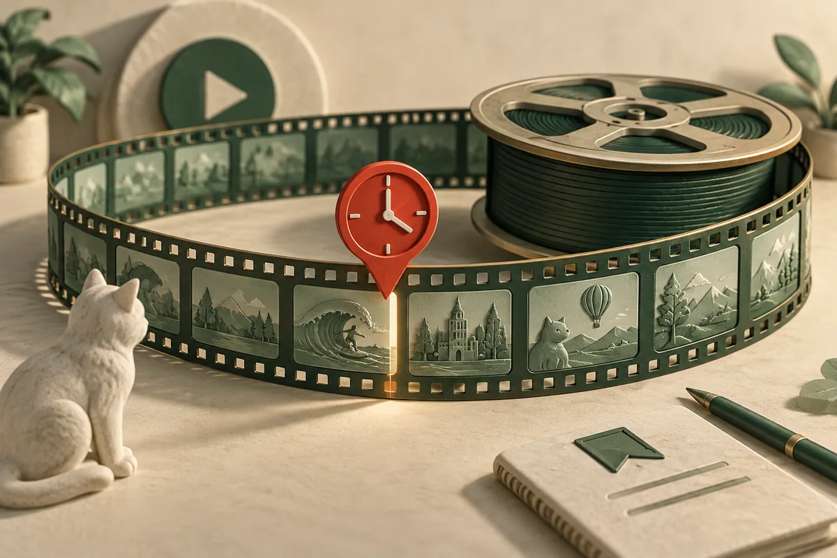 Временная закладка указывает внутрь длинной шкалы YouTube, а скачанный файл сохраняет весь ролик.