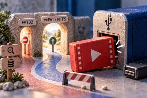 Один большой YouTube-файл сравнивается с границей FAT32 и отдельным свободным объёмом USB-накопителя.