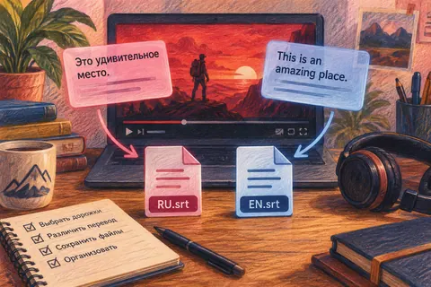 Две прозрачные речевые карточки разных цветов над красным кадром, на столе два языковых файла.