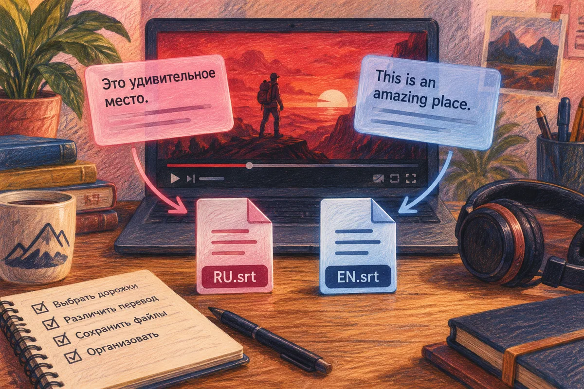Две прозрачные речевые карточки разных цветов над красным кадром, на столе два языковых файла.