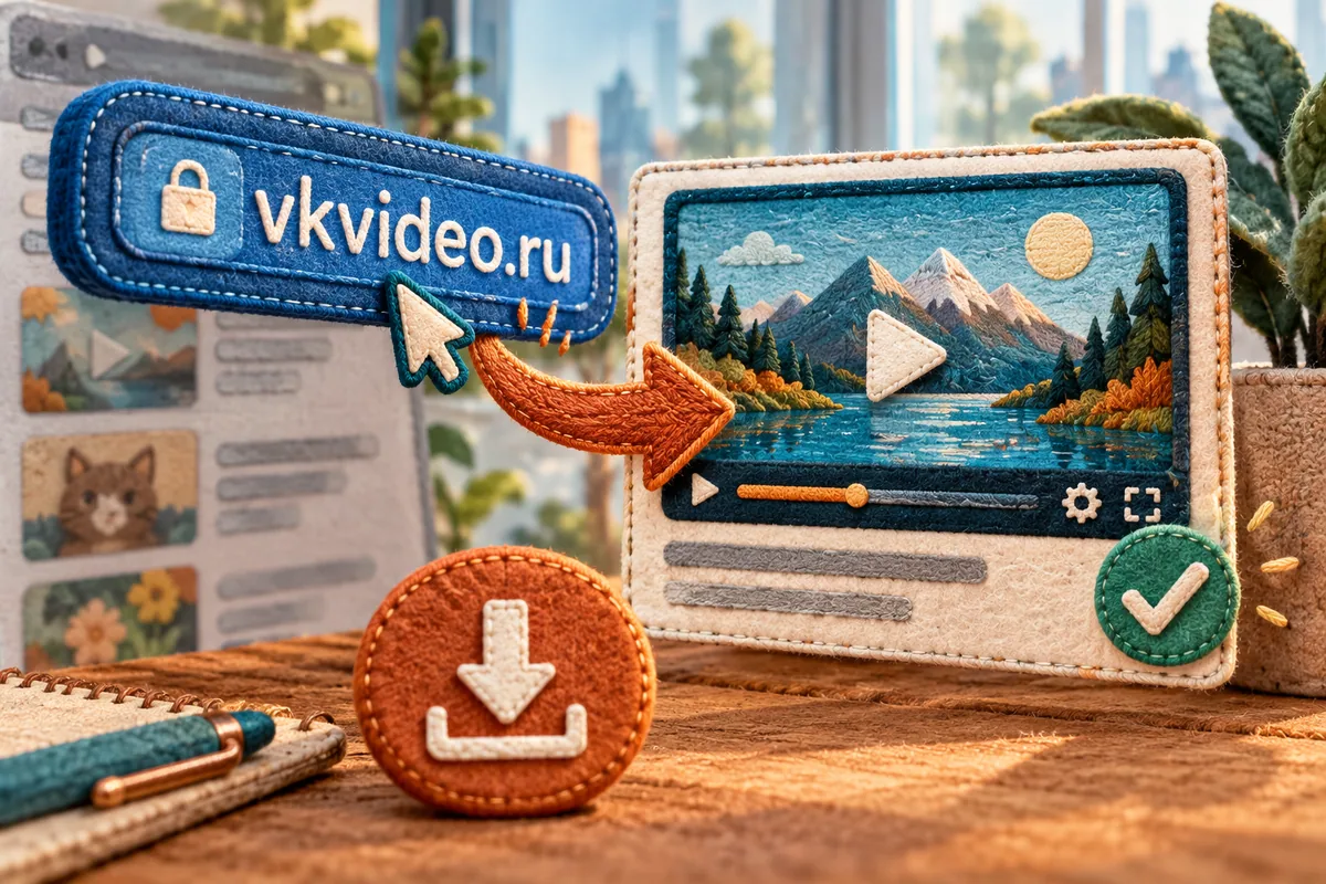 Синяя объёмная адресная табличка vkvideo.ru переходит в самостоятельный кинокадр; светлый стеклянный фон.