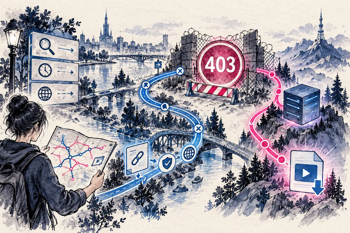 Синяя трасса вокруг красного знака 403, вторая ветвь через серверный куб к файлу; карта метро.