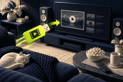 Синий домашний кинотеатр, файл едет на яркой USB-карте к экрану; уютный натюрморт с тканевыми текстурами.