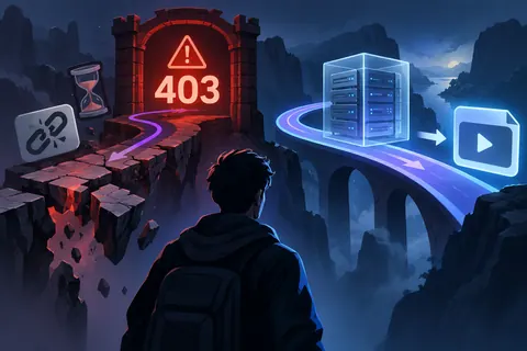 Фиолетовые маршруты огибают красный шлюз 403; второй путь проходит через прозрачный сервер к самостоятельному файлу.