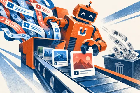 Оранжевый сортировщик принимает разноцветные адресные ленты и выдаёт самостоятельные карточки видео на белом фоне.