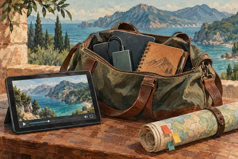Дорожная сумка, видеорамка с пейзажем и свёрнутая карта с цветными закладками