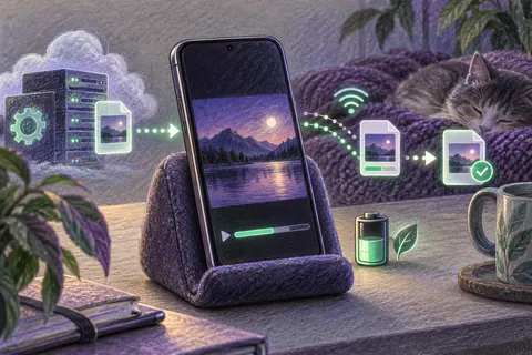 Телефон на мягкой подставке, небольшая батарея и раздельные дорожки готового файла и ещё идущей передачи