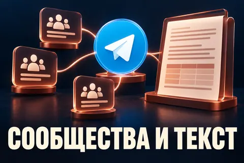 Логотип Telegram и надпись «СООБЩЕСТВА И ТЕКСТ»: Узнаваемый логотип Telegram в центре связанной сети из трёх чат-карточек и раскрытой страницы с таблицей