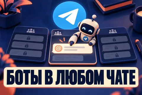 Логотип Telegram и надпись «БОТЫ В ЛЮБОМ ЧАТЕ»: Логотип Telegram над тремя отдельными чатами