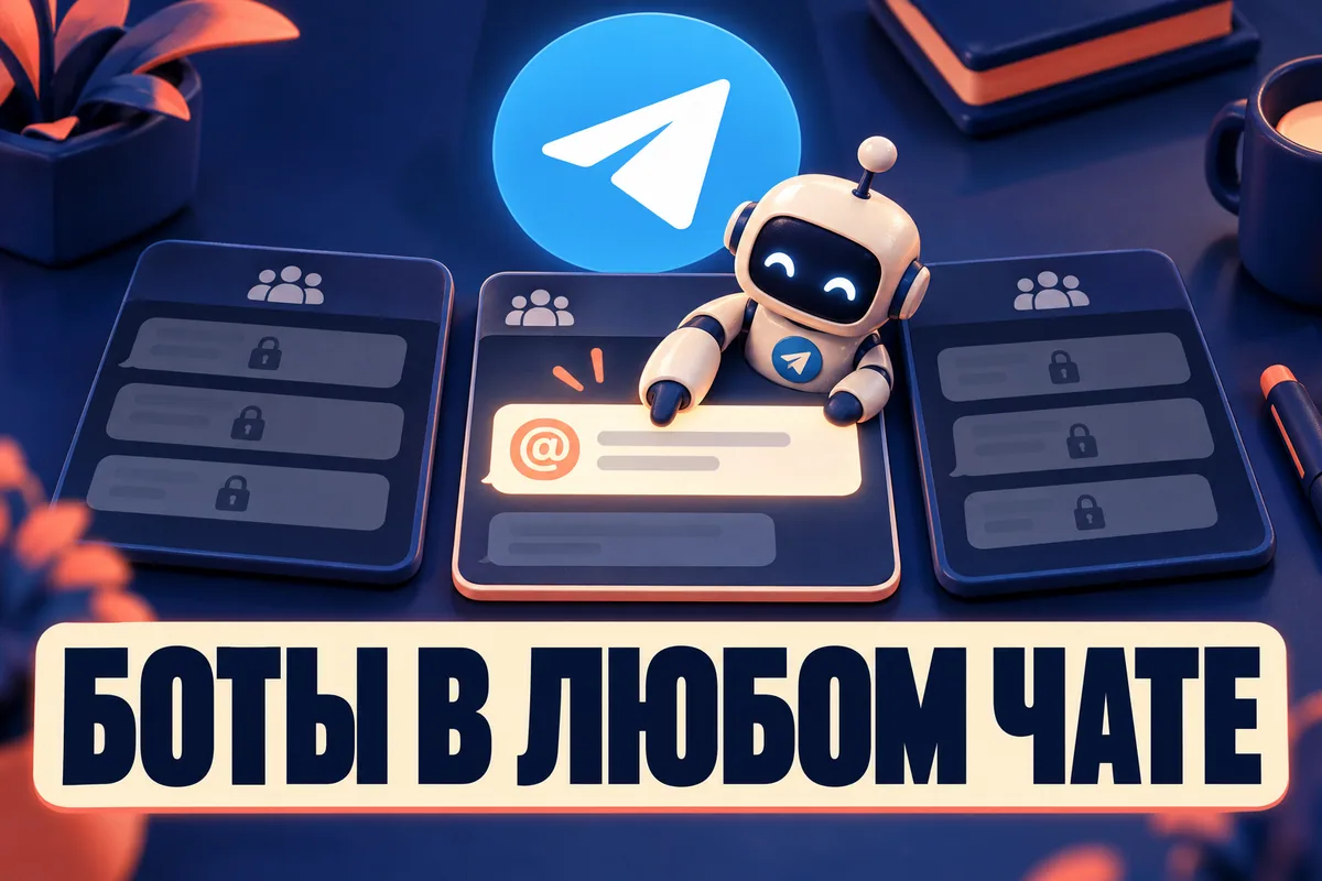 Логотип Telegram и надпись «БОТЫ В ЛЮБОМ ЧАТЕ»: Логотип Telegram над тремя отдельными чатами