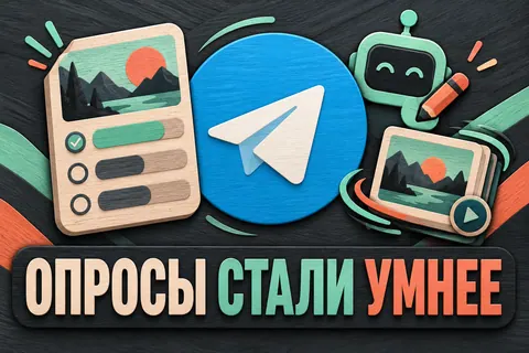 Логотип Telegram и надпись «ОПРОСЫ СТАЛИ УМНЕЕ»: Большой логотип Telegram, выразительная карточка опроса с изображением и вариантами ответа, движущаяся