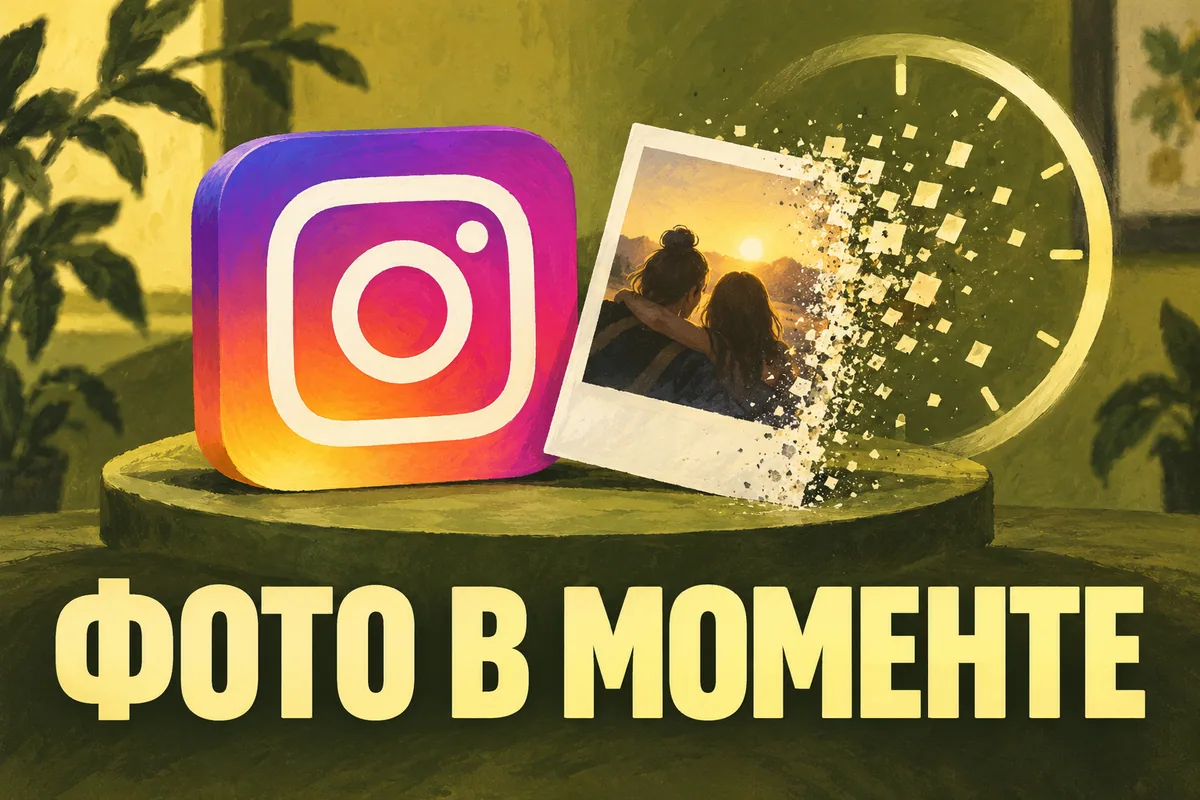Логотип Instagram и надпись «ФОТО В МОМЕНТЕ»: Крупный узнаваемый градиентный логотип Instagram
