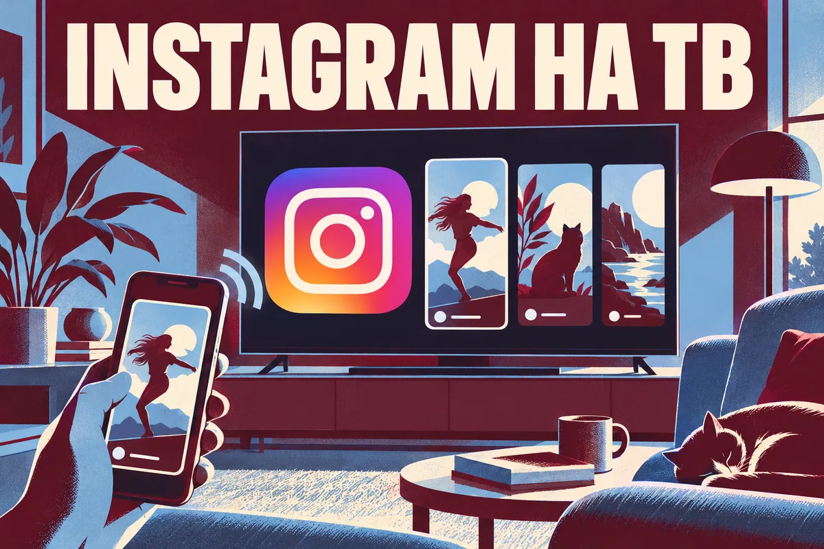 Логотип Instagram и надпись «INSTAGRAM НА ТВ»: Телевизор в стильной гостиной с большим градиентным логотипом Instagram и вертикальными карточками Reels