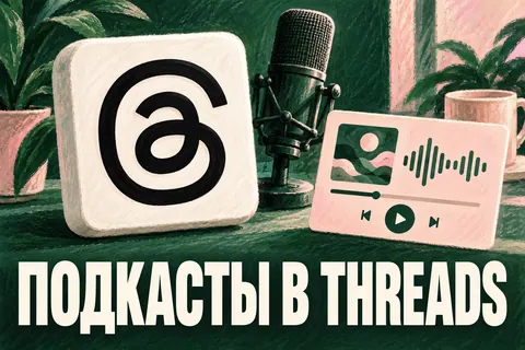 Логотип Threads и надпись «ПОДКАСТЫ В THREADS»: Чёткий узнаваемый чёрный логотип Threads на объёмной белой плитке, студийный микрофон и цветная карточка