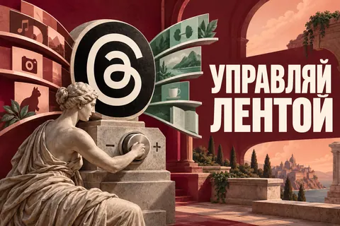 Логотип Threads и надпись «УПРАВЛЯЙ ЛЕНТОЙ»: Большой узнаваемый логотип Threads, расходящиеся полки интересов и ручка управления плюс/минус