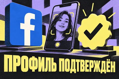 Логотип Facebook и надпись «ПРОФИЛЬ ПОДТВЕРЖДЁН»: Узнаваемая белая буква f Facebook на синем блоке, видеоселфи в рамке и крупный проверочный значок