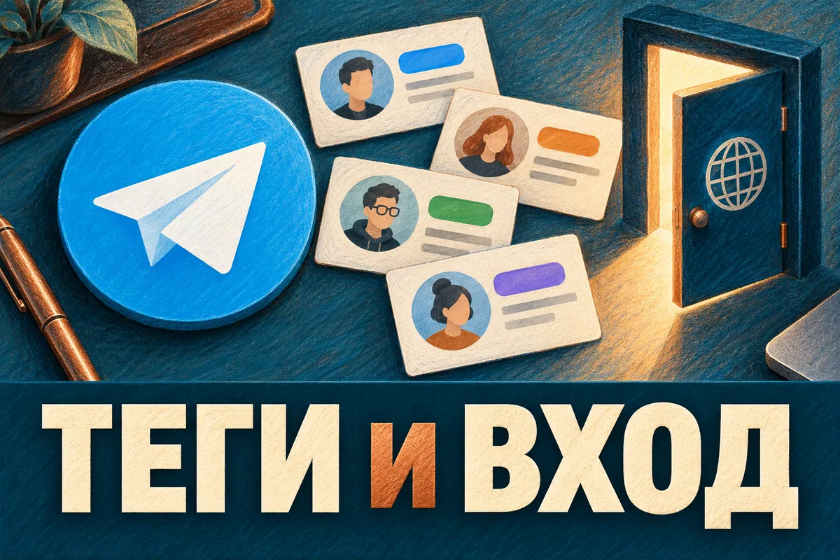 Логотип Telegram и надпись «ТЕГИ И ВХОД»: Самолётик Telegram и карточки участников с цветными ролевыми плашками, символ входа через дверь