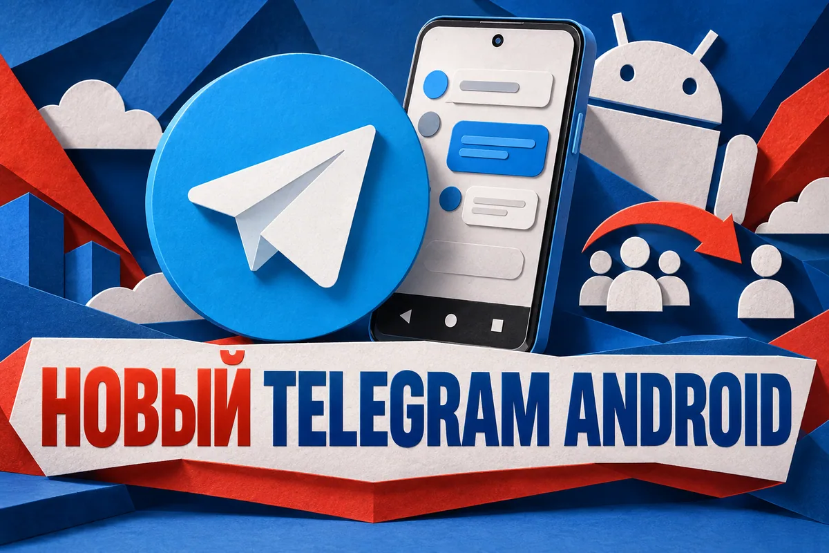Логотип Telegram и надпись «НОВЫЙ TELEGRAM ANDROID»: Самолётик Telegram на фоне объёмного Android-смартфона с нижней навигацией