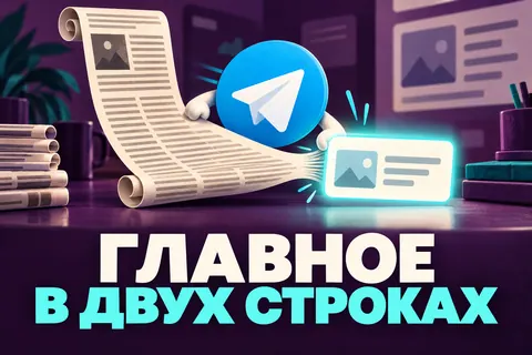 Логотип Telegram и надпись «ГЛАВНОЕ В ДВУХ СТРОКАХ»: Узнаваемый самолётик Telegram, длинная газетная колонка сжимается в короткую светящуюся карточку