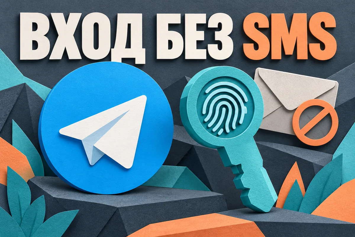 Логотип Telegram и надпись «ВХОД БЕЗ SMS»: Голубой логотип Telegram рядом с объёмным ключом и отпечатком пальца, SMS-конверт на заднем плане