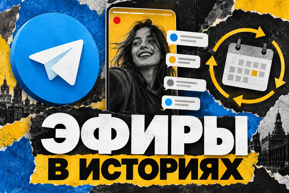 Логотип Telegram и надпись «ЭФИРЫ В ИСТОРИЯХ»: Логотип Telegram, вертикальная карточка LIVE и летящие пузырьки комментариев, календарное кольцо