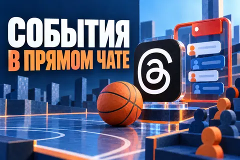Логотип Threads и надпись «СОБЫТИЯ В ПРЯМОМ ЧАТЕ»: Узнаваемый логотип Threads, баскетбольный мяч и красная рамка чата LIVE с репликами