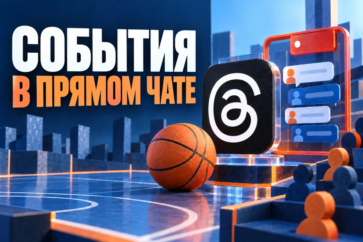Логотип Threads и надпись «СОБЫТИЯ В ПРЯМОМ ЧАТЕ»: Узнаваемый логотип Threads, баскетбольный мяч и красная рамка чата LIVE с репликами