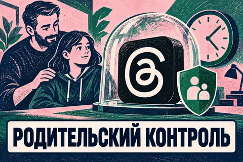Логотип Threads и надпись «РОДИТЕЛЬСКИЙ КОНТРОЛЬ»: Объёмный логотип Threads под прозрачным защитным куполом, два профиля взрослого и подростка и часы