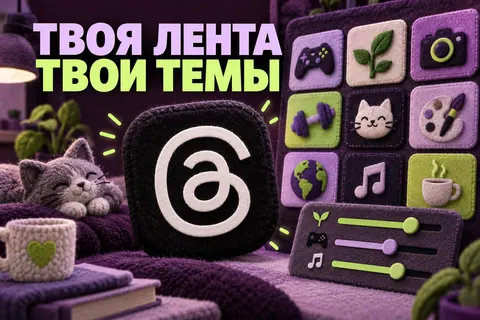 Логотип Threads и надпись «ТВОЯ ЛЕНТА ТВОИ ТЕМЫ»: Чёрный узнаваемый знак Threads, сетка разных тематических сообществ и аккуратные регуляторы интересов