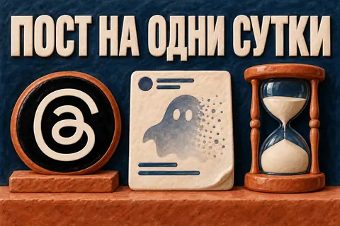 Логотип Threads и надпись «ПОСТ НА ОДНИ СУТКИ»: Логотип Threads и бумажная карточка с призрачным силуэтом и песочными часами 24h