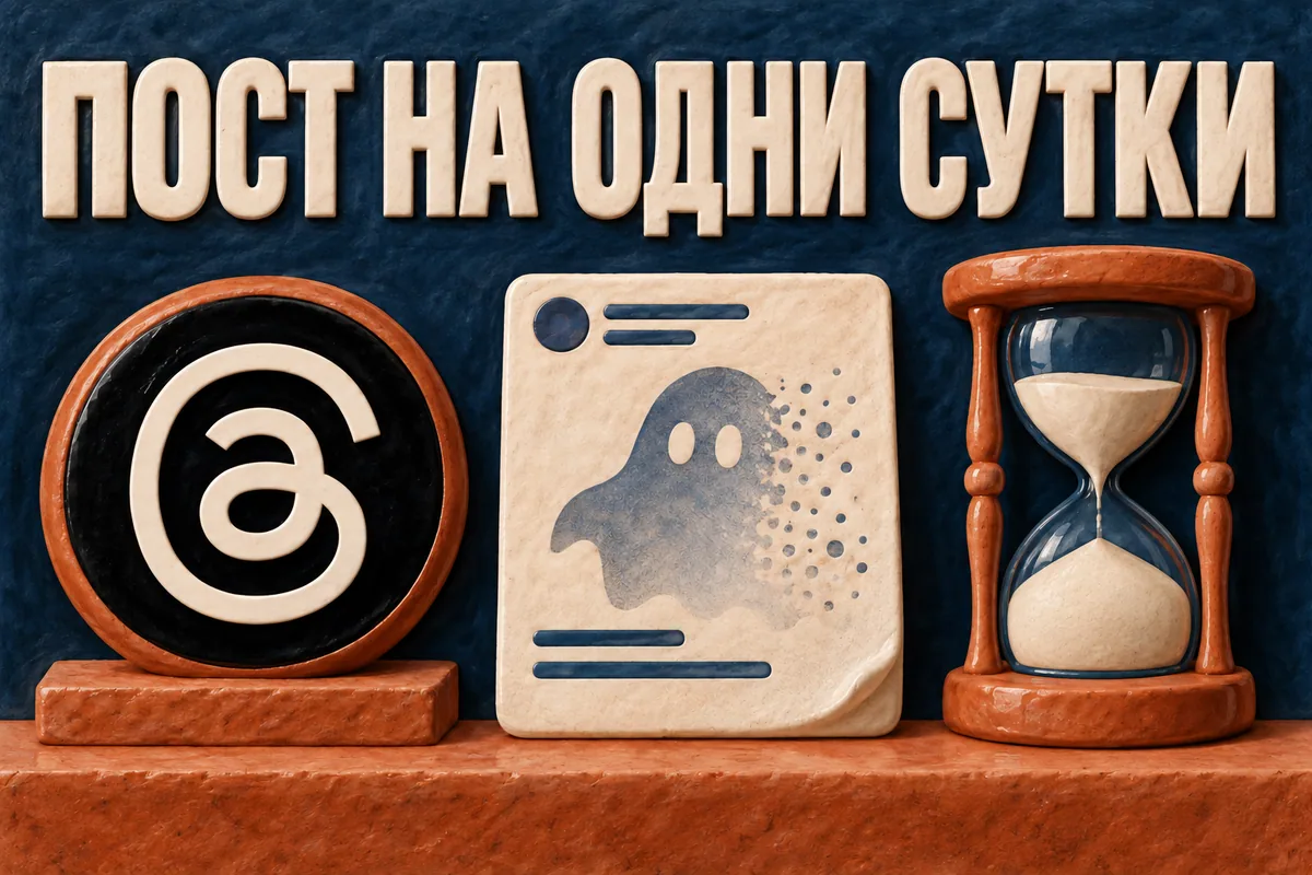 Логотип Threads и надпись «ПОСТ НА ОДНИ СУТКИ»: Логотип Threads и бумажная карточка с призрачным силуэтом и песочными часами 24h