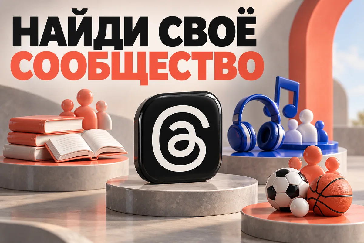 Логотип Threads и надпись «НАЙДИ СВОЁ СООБЩЕСТВО»: Логотип Threads, разноцветные клубы книг, музыки и спорта на отдельных круговых платформах
