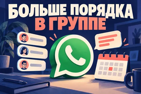 Логотип WhatsApp и надпись «БОЛЬШЕ ПОРЯДКА В ГРУППЕ»: Зелёный объёмный логотип WhatsApp с белой трубкой в пузыре, плашки участников и календарь события