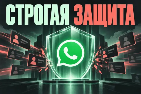 Логотип WhatsApp и надпись «СТРОГАЯ ЗАЩИТА»: Логотип WhatsApp в мощном стеклянном щите, входящие незнакомые карточки задерживаются у барьера