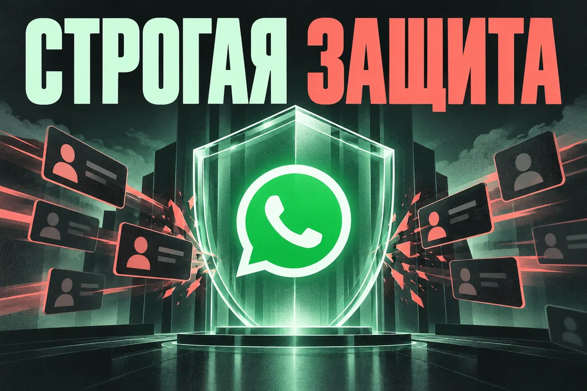 Логотип WhatsApp и надпись «СТРОГАЯ ЗАЩИТА»: Логотип WhatsApp в мощном стеклянном щите, входящие незнакомые карточки задерживаются у барьера