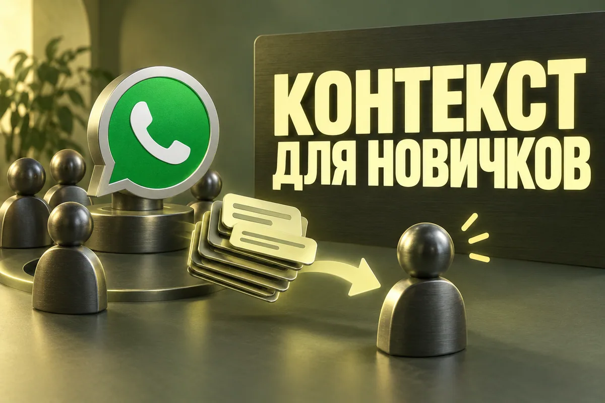 Логотип WhatsApp и надпись «КОНТЕКСТ ДЛЯ НОВИЧКОВ»: Зелёный знак WhatsApp, стопка выделенных сообщений переходит к новому участнику группы, печатный текст