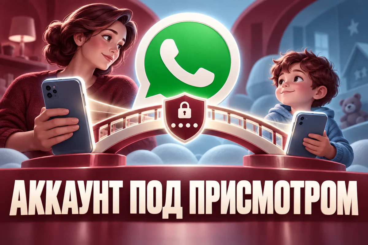 Логотип WhatsApp и надпись «АККАУНТ ПОД ПРИСМОТРОМ»: Крупный логотип WhatsApp, два смартфона взрослого и ребёнка соединены защитным мостом, символ PIN