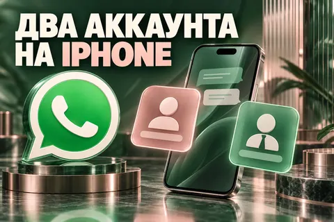 Логотип WhatsApp и надпись «ДВА АККАУНТА НА IPHONE»: Белая трубка WhatsApp на зелёном логотипе, один iPhone и две отдельные яркие карточки личного и рабочего