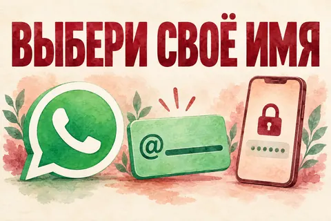 Логотип WhatsApp и надпись «ВЫБЕРИ СВОЁ ИМЯ»: Узнаваемый логотип WhatsApp, зелёная карточка @username и замок над скрытым номером телефона