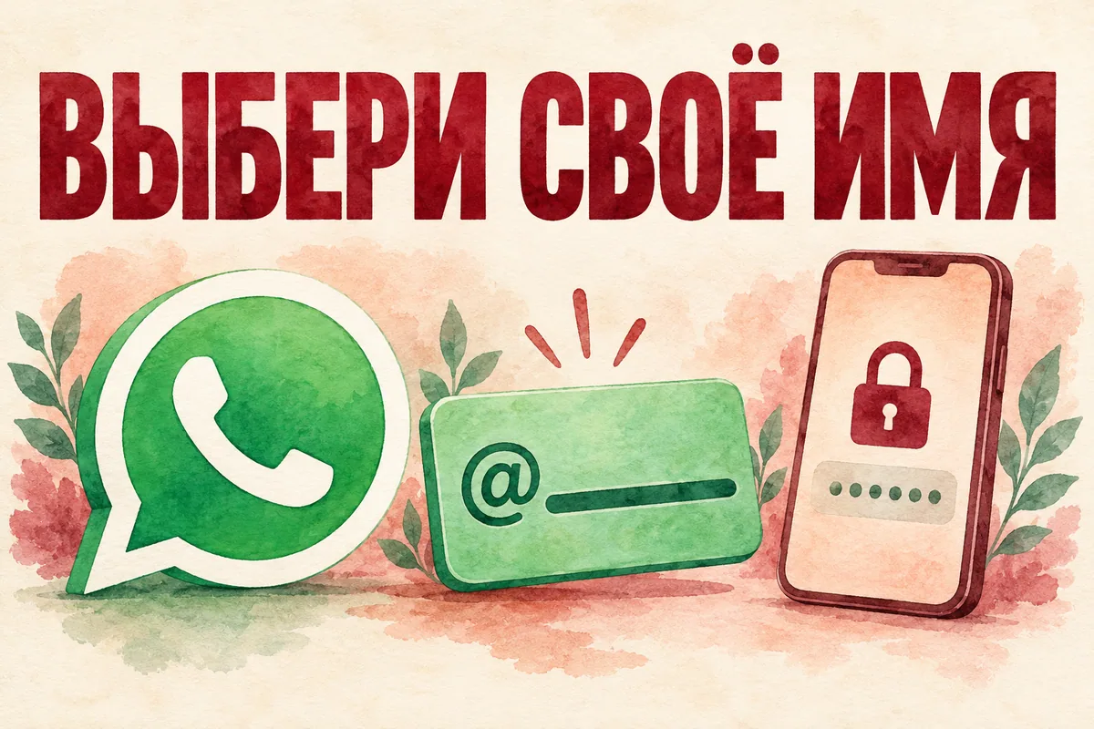 Логотип WhatsApp и надпись «ВЫБЕРИ СВОЁ ИМЯ»: Узнаваемый логотип WhatsApp, зелёная карточка @username и замок над скрытым номером телефона