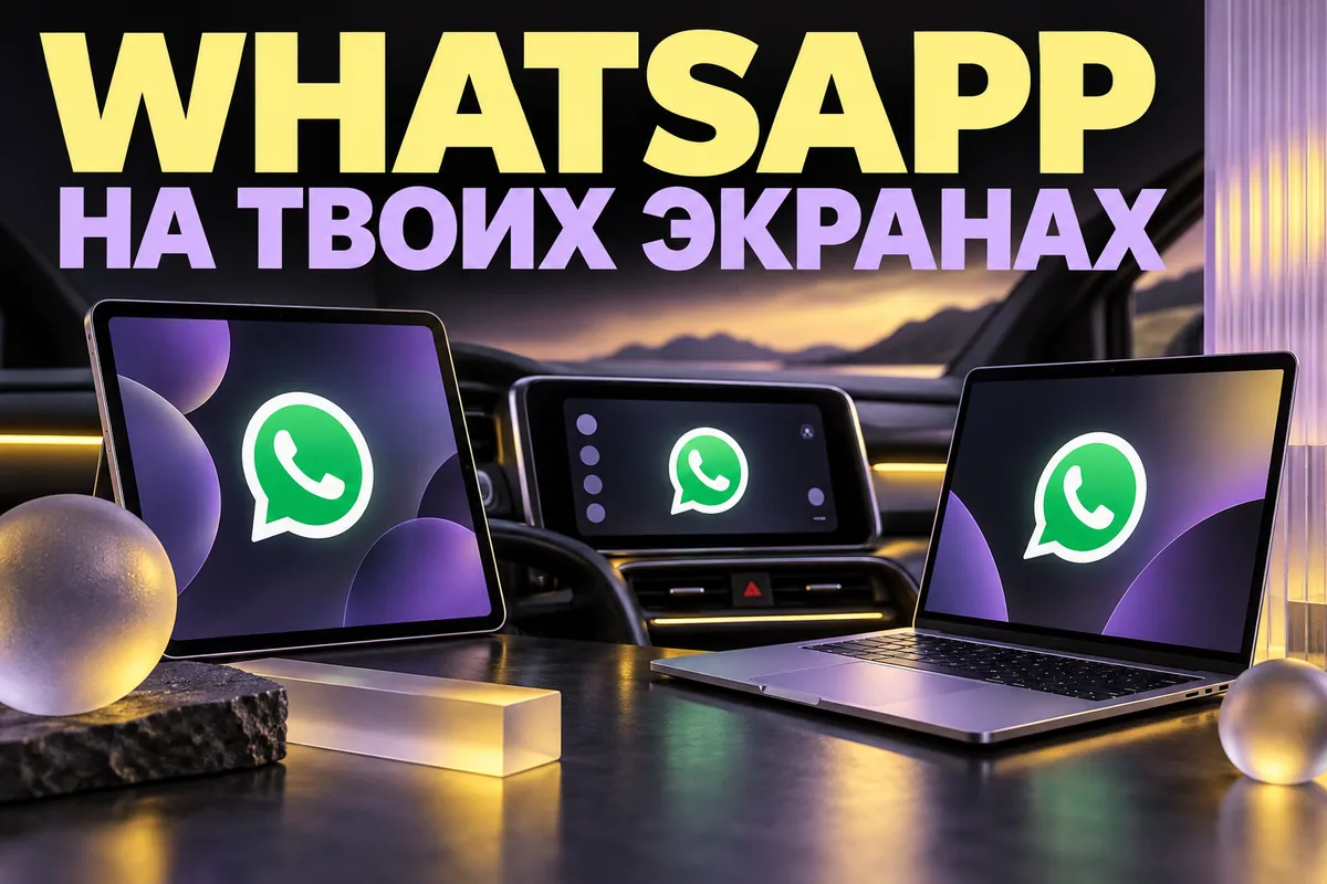 Логотип WhatsApp и надпись «WHATSAPP НА ТВОИХ ЭКРАНАХ»: Логотип WhatsApp объединяет планшет, автомобильный дисплей и ноутбук, без людей за рулём