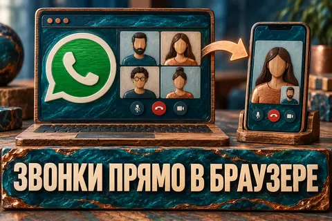 Логотип WhatsApp и надпись «ЗВОНКИ ПРЯМО В БРАУЗЕРЕ»: Большой зелёный логотип WhatsApp на окне браузера, аккуратная сетка видеозвонка, плавная стрелка к